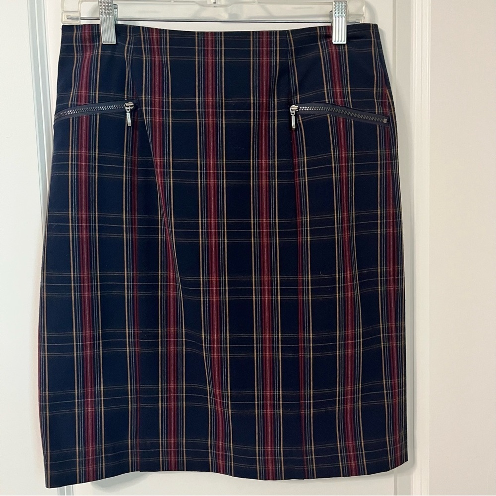 Cato Plaid Pencil Stretch Skirt Front Zippers-Rear Slit Navy and Red-Office Sz 8